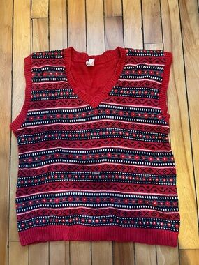 Red Patterned V-Neck Sweater Vest